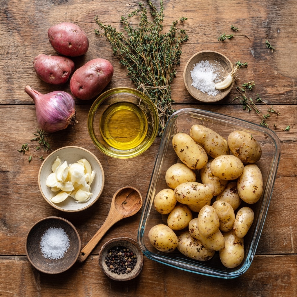 A small white ceramic pot with two handles is filled with six shiny, golden-brown roasted baby potatoes that have a slightly wrinkled skin texture. Small green sprigs of fresh thyme are scattered on and around the potatoes, adding contrast and a fresh look. The pot is set on a wooden surface, and a blurred yellow oil bottle is visible in the background. The overall setting is warm and inviting, with soft lighting that highlights the glossy texture of the potatoes. Photo taken with an iphone --ar 4:5 --v 7