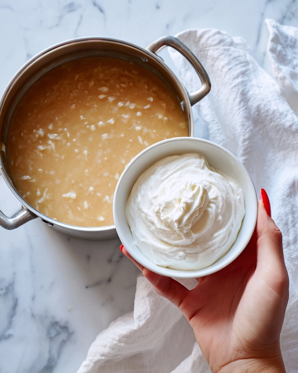 A woman's hand with red nail polish holds a small white bowl filled with thick, smooth white cream above a large silver pot containing a beige, chunky soup or stew. The pot sits on a white marbled surface with a white cloth underneath. The cream in the bowl has a soft, fluffy texture, while the soup appears dense with visible small lumps. Photo taken with an iphone --ar 4:5 --v 7