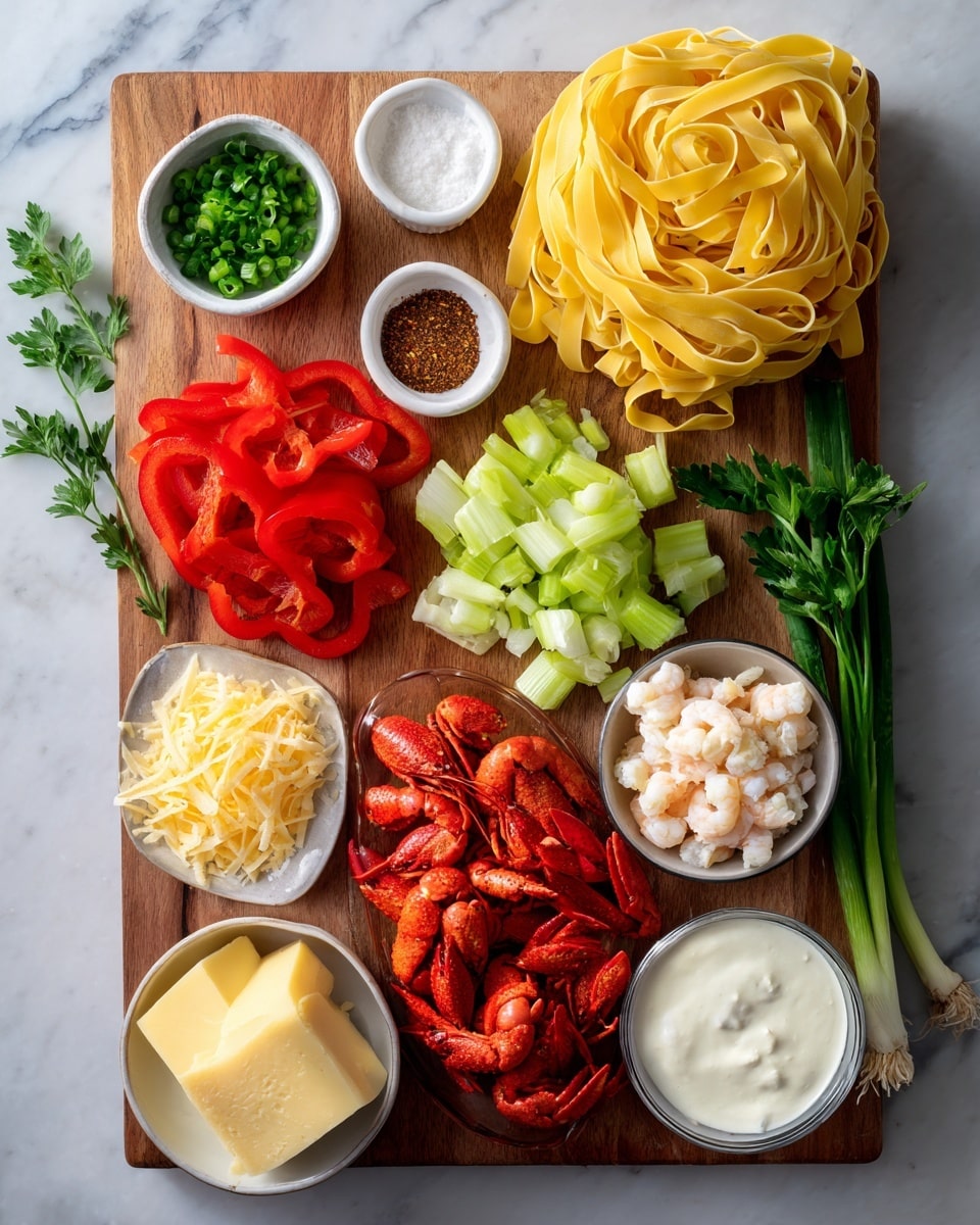 The dish shows a single serving of creamy pasta with wide, flat noodles piled loosely in the center of a white plate. The pasta is light yellow with a smooth sauce that has small bits of red pepper and is topped with grated cheese and some green herb sprigs. The plate sits on a white marbled surface with some fresh green herb sprigs and colorful peppers in the background, with a gold and white fork next to the plate. Photo taken with an iphone --ar 4:5 --v 7