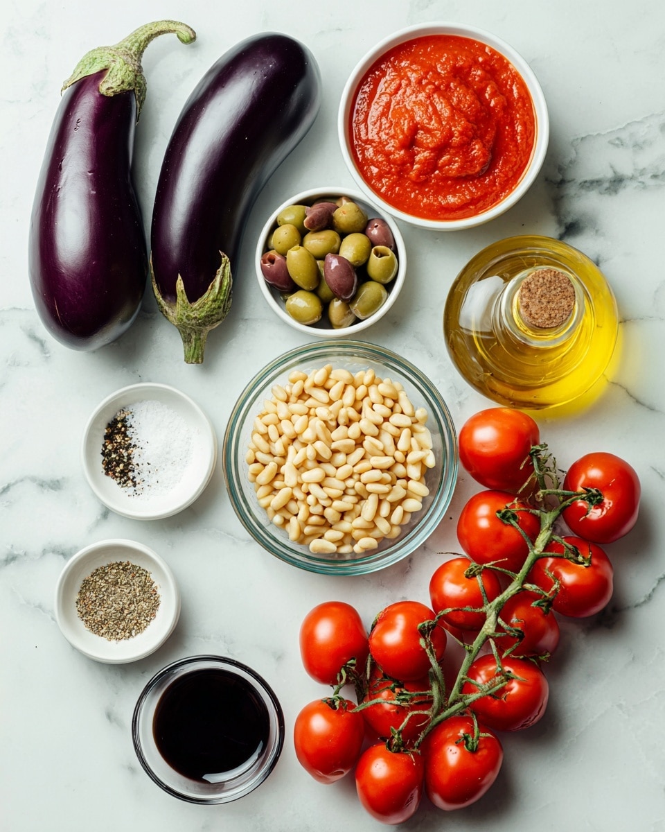 The image shows fresh and colorful ingredients laid out on a white marbled surface. There are two large glossy purple eggplants at the bottom left, and next to them is a clear glass bowl filled with pale pine nuts. Above are small white bowls holding salt, pepper, grated cheese, and green olives mixed with a few darker ones. A cluster of bright red cherry tomatoes still on their green vine is on the right side. Near the top right corner, there is a clear glass bottle filled with golden olive oil, sealed with a cork. A small glass container of dark balsamic vinegar sits at the bottom right. A round glass bowl filled with smooth bright red sauce is placed at the top left. photo taken with an iphone --ar 4:5 --v 7