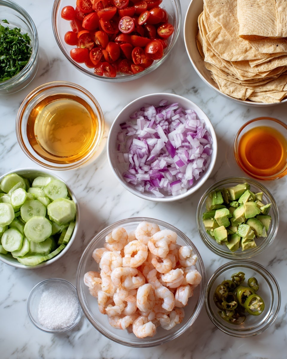 The image shows several white bowls and clear glass bowls arranged on a white marbled surface. In the foreground, a clear bowl holds small pink shrimp. To its left, a white bowl contains chopped cucumber and halved cherry tomatoes, presenting light green and bright red colors. To the right of the shrimp, a white bowl holds sliced purple onions and diced green avocado pieces. Above these, three small clear glass bowls contain, from left to right, a clear liquid, an orange-colored liquid, and small green sliced peppers or chilies. At the top right, a white bowl is filled with folded tortilla wedges. At the top left, another clear bowl holds chopped fresh green herbs. There is also a small clear bowl with white salt or seasoning near the shrimp bowl. The overall scene is colorful and fresh with a variety of chopped vegetables and seafood arranged neatly photo taken with an iphone --ar 4:5 --v 7