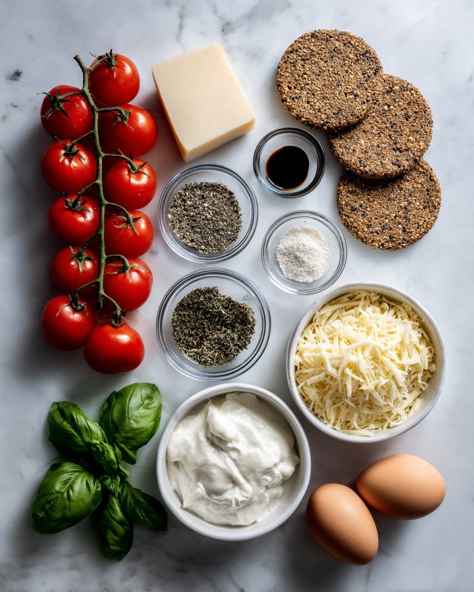 The image shows a white marbled surface with various ingredients neatly arranged. On the left, there is a vine of bright red cherry tomatoes, and below it, three round whole grain crackers. Moving right, there are six small clear bowls arranged in two columns: the first column from top to bottom has coarse black and white salt, dried oregano, and minced garlic; the second column has a dark balsamic liquid, finely ground seasoning, and minced onion. Above these bowls is a small wedge of hard cheese. To the right of the bowls, three larger white bowls hold different creamy or shredded items: the top has a smooth white cream, the middle has light yellow shredded cheese, and the bottom contains softened butter. Fresh green basil leaves are placed near the bottom center. Finally, two brown eggs are placed on the far right side. Photo taken with an iphone --ar 4:5 --v 7