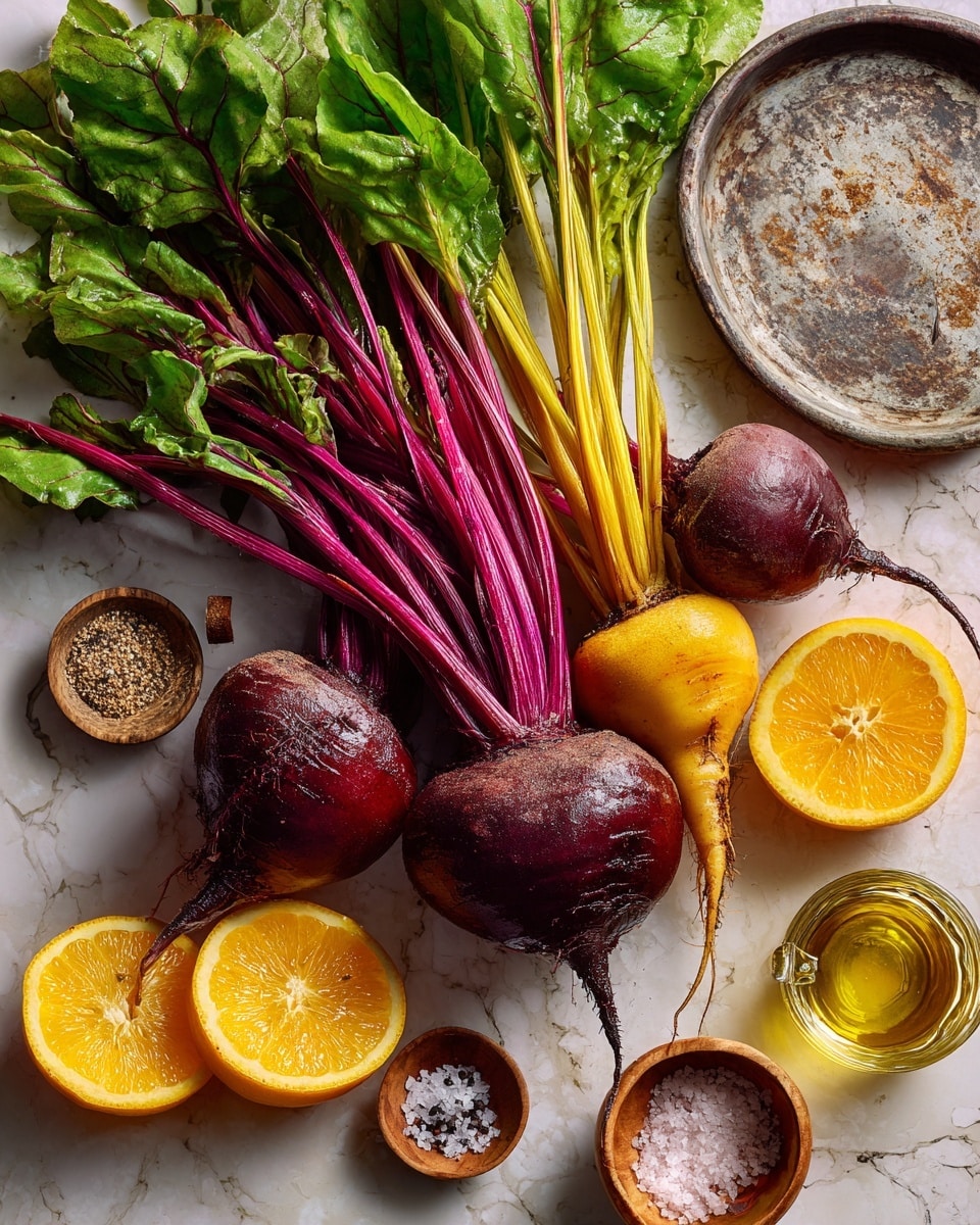 A white plate with pieces of deep purple and golden yellow roasted beets, cut into thick wedge shapes, arranged loosely to cover most of the plate. The beets have a shiny, wet texture with some small chopped green herbs sprinkled over them, along with tiny bright orange zest strips creating contrast. In the lower section of the plate, there is a shiny silver serving spoon and fork with white handles and gold accents resting on the plate edge. The plate is set on a white marbled surface with some green leaves visible on the upper right. photo taken with an iphone --ar 4:5 --v 7