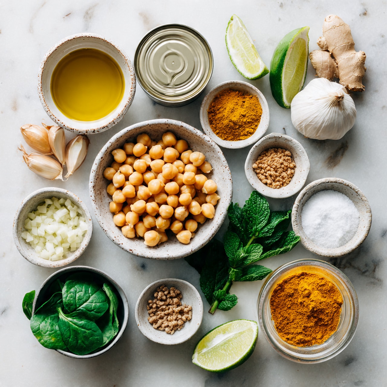 A close-up view inside a white pot shows three piles of finely chopped ingredients placed on top of cooked diced onions, which form a translucent layer at the bottom. The three piles are bright yellow minced ginger on the left, pale minced garlic in the middle, and vivid green chopped green chili on the right. A wooden spoon with a dark handle lies across the top left part of the pot, resting on the onions. The pot sits on a white marbled surface. Photo taken with an iphone --ar 4:5 --v 7
