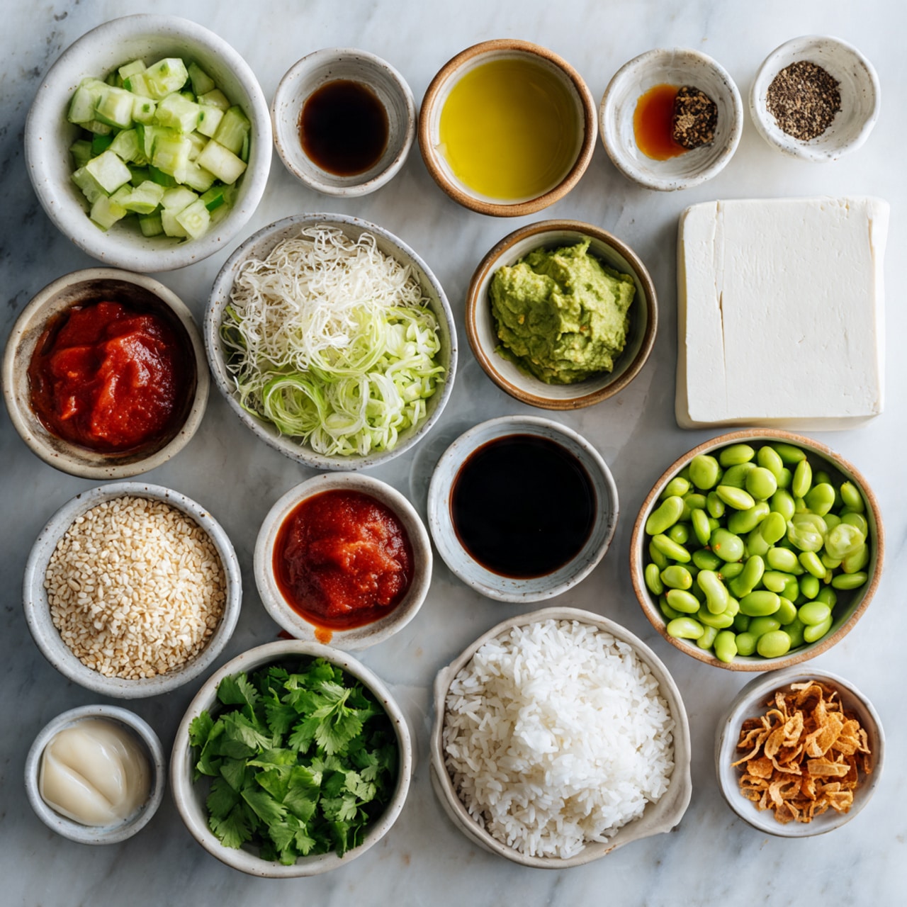 A white bowl sits on a white marbled surface, filled with layers of food. At the bottom are small green edamame beans on one side and sliced light green cucumber on the other. Next to the edamame are golden-brown cooked tofu cubes with a shiny glaze. Above, there are chunks of light green avocado. The dish is topped with fresh, bright green cilantro leaves and small pieces of crispy brown fried onion. A light pink creamy sauce is drizzled over the top, adding contrast. Two light wooden chopsticks rest on the edge of the bowl. Photo taken with an iphone --ar 4:5 --v 7