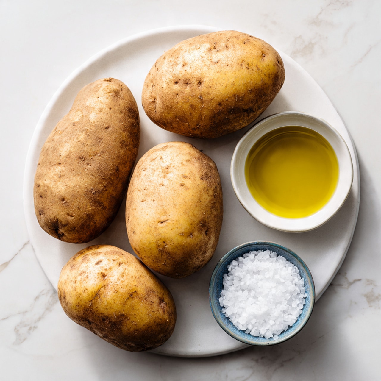 The image shows two baked potatoes on a silver cooling rack placed over a white marbled surface. Each potato is split open lengthwise, revealing soft, fluffy yellowish inside with a slightly rough texture. The skin of the potatoes is deep brown and sprinkled with coarse white salt crystals. One potato has a silver fork inserted into its filling, breaking it apart. Part of a third baked potato is visible at the right edge of the image. Photo taken with an iphone --ar 4:5 --v 7