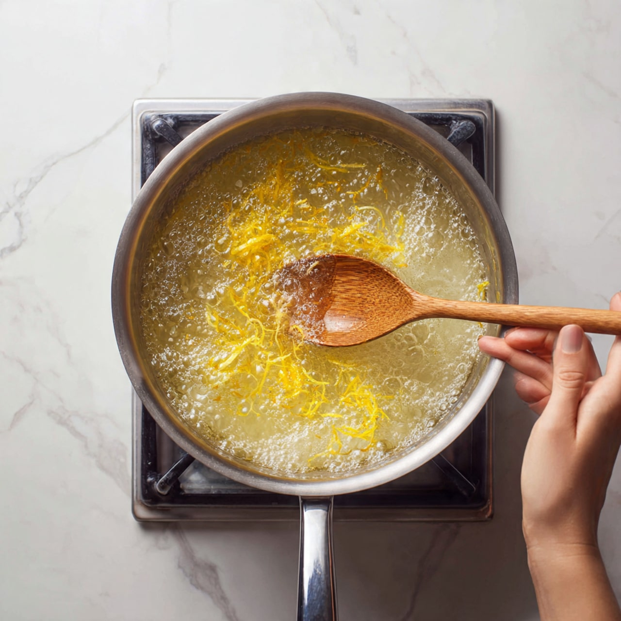 The image shows a small clear glass jar filled with bright yellow lemon jelly that has a shiny, bumpy texture. In front of the jar, a gold spoon with a little lemon jelly rests on a light wooden board. To the left, two slices of dark brown bread with lemon jelly spread thickly on top sit side by side. In the background, three whole lemons with smooth yellow skin and green leaves add color and freshness. The setting is on a white marbled surface, giving a clean and bright look. photo taken with an iphone --ar 4:5 --v 7