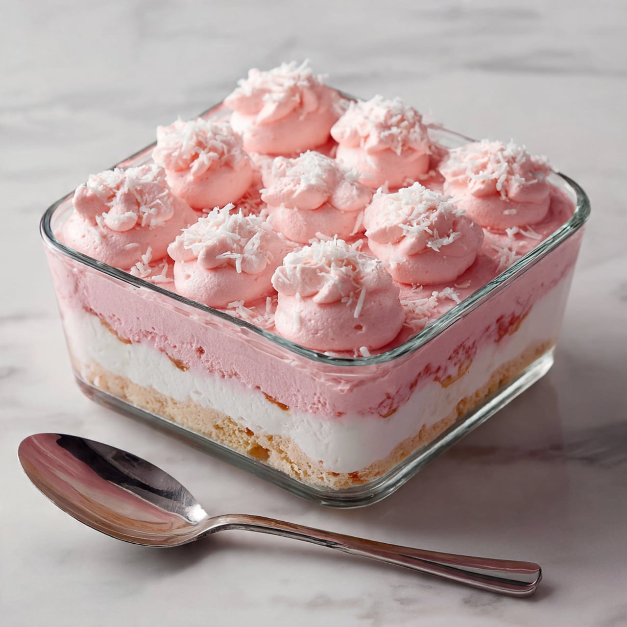 The image shows a square glass dish filled with a layered pink dessert. At the bottom, there is a thin layer of pink cake or biscuit, followed by a thick layer of smooth light pink cream. Above the cream layer, there is another thin layer of pink cake or biscuit. The top layer consists of evenly spaced dollops of fluffy pink cream, each sprinkled with white coconut flakes, giving a soft textured look. The dish sits on a white marbled surface with a silver serving spatula next to it. The overall look is neat and inviting. photo taken with an iphone --ar 4:5 --v 7