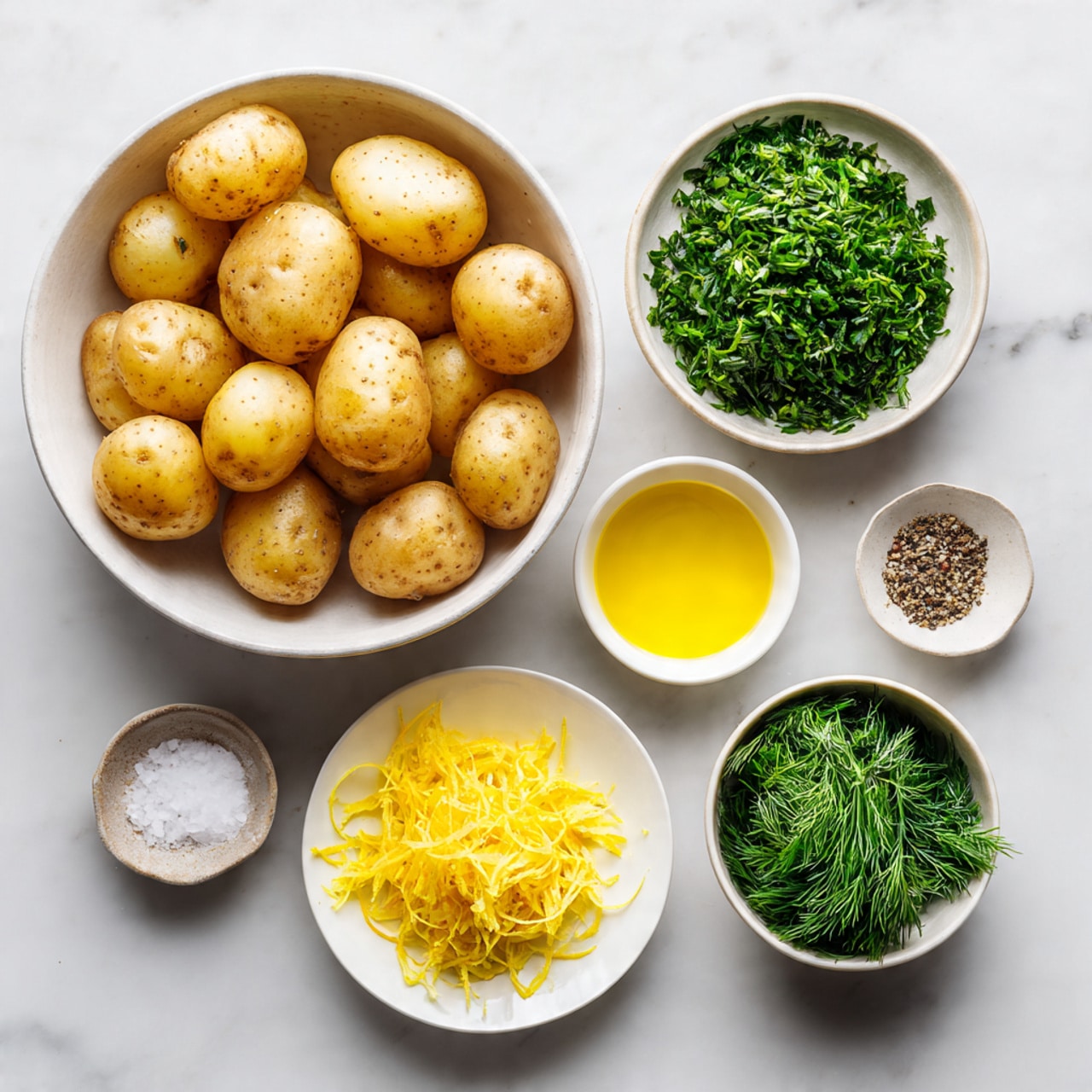 A bowl filled with about twenty small yellow baby potatoes, each coated with green herbs and black pepper specks, giving them a fresh and seasoned look. The bowl is light gray with a subtle crackle texture inside, and a wooden spoon rests on the right side inside the bowl. The scene is set on a white marbled surface with a soft gray cloth in the upper left corner, a small bunch of fresh green herbs near the bottom right, and a bright yellow lemon partially visible. The lighting is bright and natural, making the potatoes look glossy and inviting. Photo taken with an iphone --ar 4:5 --v 7