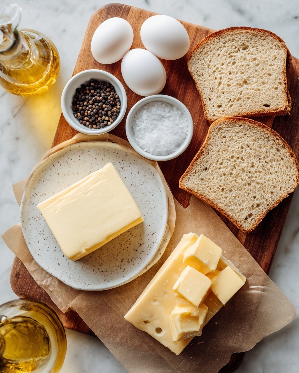 The image shows a wooden board with cooking ingredients arranged neatly on a white marbled surface. On the board, there are two slices of light brown bread with a soft texture placed on the right side. Near the bread, there are three white eggs forming a triangle. Above the eggs, there are two small white bowls, one filled with coarse salt and the other with black peppercorns. In the center of the board, a white speckled plate holds two thick, pale yellow pats of butter. At the bottom of the board, a large wedge of hard pale yellow cheese and two small chunks sit on light brown parchment paper. To the lower right side of the image, a clear glass bottle filled with golden oil is visible. The scene is lit with soft natural sunlight. Photo taken with an iphone --ar 4:5 --v 7