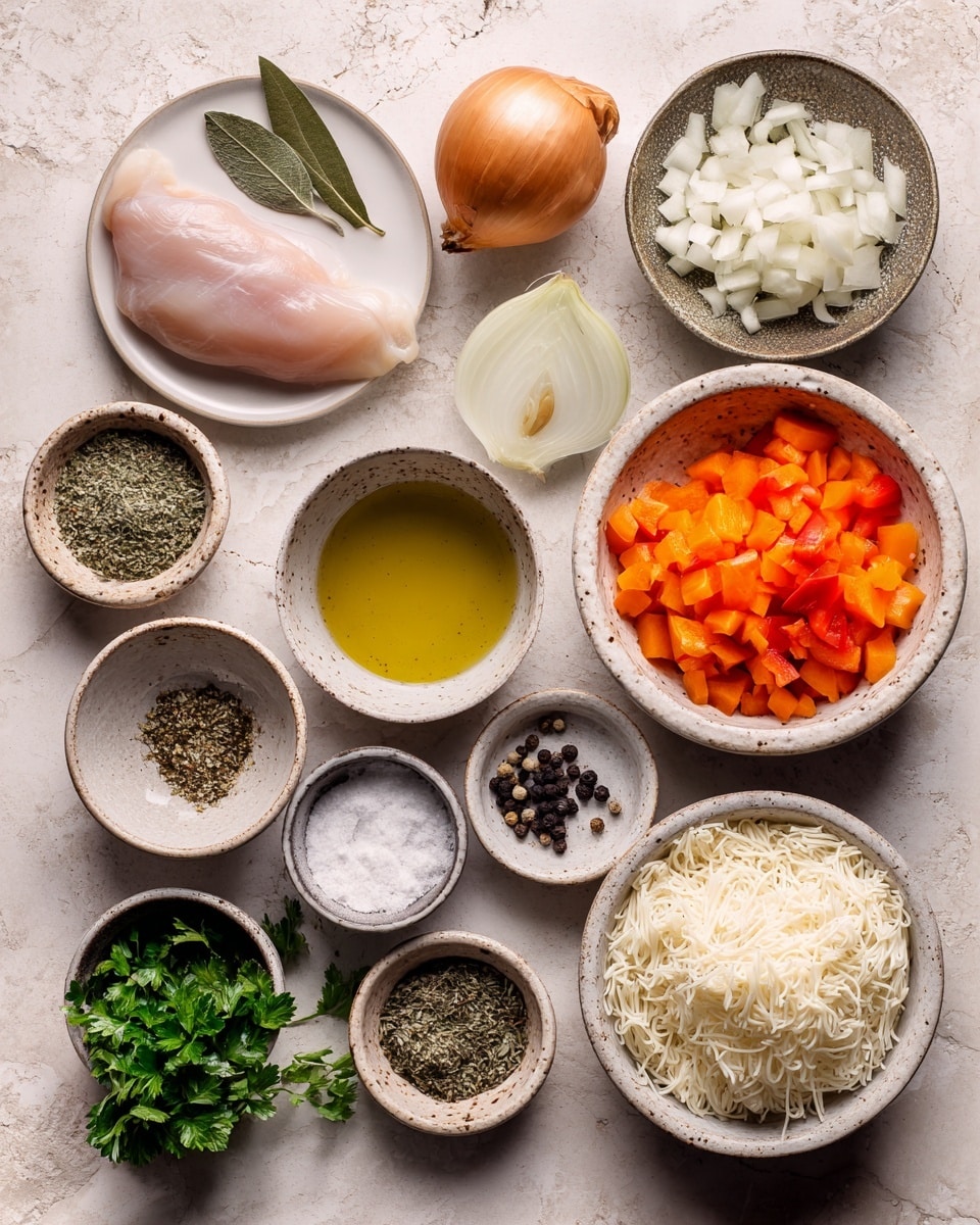 A white bowl with a blue floral pattern on the rim is filled with chicken soup that has visible layers of shredded white chicken, thin noodles, and small diced orange carrots and red bell peppers. The soup broth is light and slightly creamy, with green herbs sprinkled on top. A gold spoon rests inside the bowl. Near the bowl, there is a white plate with a raised dotted edge, holding two lemon halves and fresh green parsley. Both the bowl and the plate are placed on a white cloth over a white marbled surface. Photo taken with an iphone --ar 4:5 --v 7
