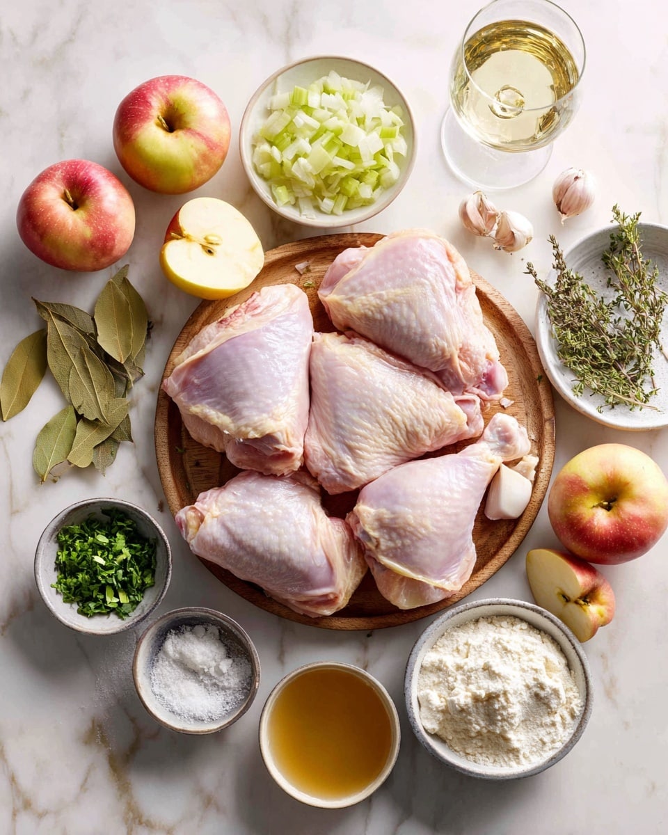 A white round pan with light blue handles holds a creamy dish with eight browned chicken thighs evenly placed in a circle. Around and between the chicken are several soft, sliced peaches with orange and red skin, floating in a thick pale yellow sauce. Small green herb leaves are sprinkled on top for garnish. Near the pan, a long white baguette rests on a white rectangular board, and two wine glasses filled with a light yellow beverage stand behind the pan. The scene is set on a white marbled surface with a striped blue and white cloth at the bottom left corner and a small bowl of coarse salt on the right. Photo taken with an iphone --ar 4:5 --v 7