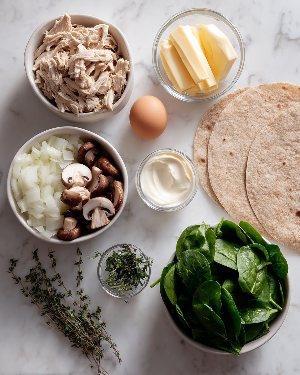 The image shows a top view of several white bowls on a white marbled surface, each with ingredients. One bowl contains shredded light beige cooked chicken, another has diced white onions, a third holds sliced brown mushrooms, and a fourth bowl is filled with bright green spinach leaves. There is a small clear glass dish with two yellow butter sticks, a small bowl with white cream or sauce, and a tiny glass bowl with green herb leaves. Near the bowls are two round light brown whole wheat tortillas and a single brown egg placed next to them. Two sprigs of fresh thyme lie on the surface to the lower left. Photo taken with an iphone --ar 4:5 --v 7