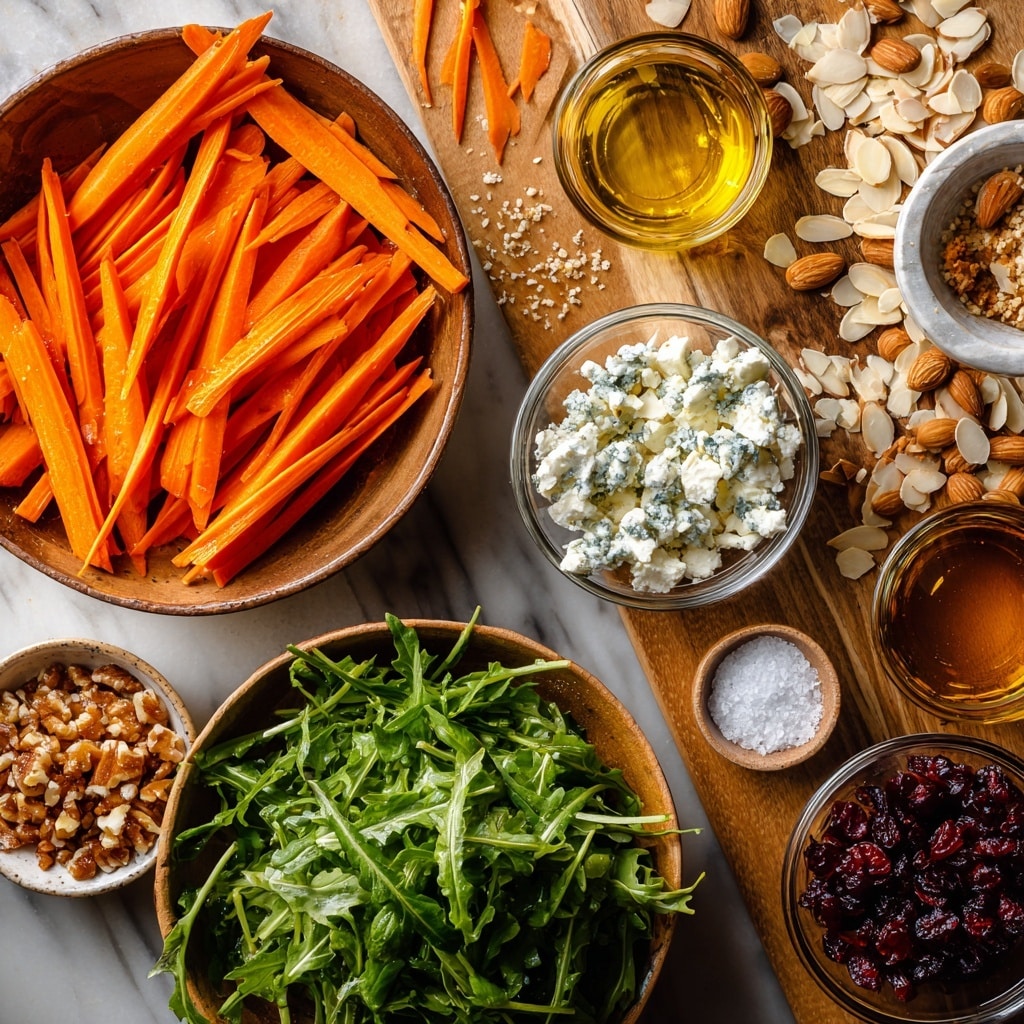 The dish shows a white plate with a fresh salad made of several layers. The bottom layer has bright orange carrot slices, cut into wedge shapes and scattered across the plate. On top of the carrots is a layer of green arugula leaves, spread loosely and mixed with the carrot pieces. Next, small pieces of white cheese are sprinkled evenly over the salad, adding a crumbly texture. There are also dark red dried cranberries scattered on top, adding pops of deep color. Finally, small brown nut pieces are placed for extra texture. A silver fork with a dark handle rests on the left side of the plate, all set against a white marbled background. photo taken with an iphone --ar 4:5 --v 7