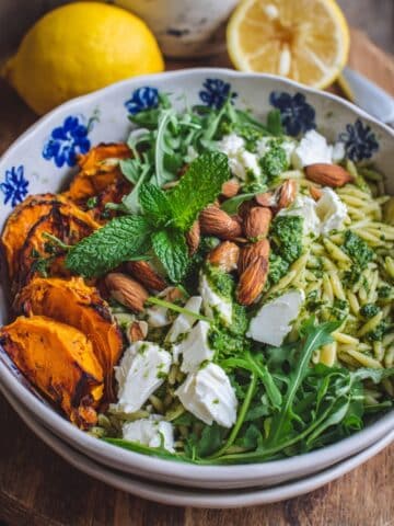 Orzo Pesto Pasta Salad with Sweet Potato, Feta, and Fresh Herbs Recipe