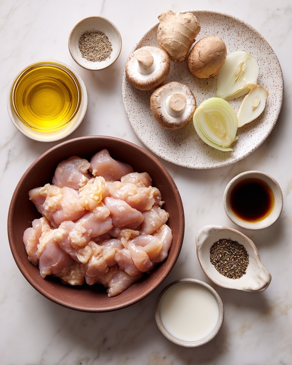 A round brown bowl sits in the bottom left filled with pink raw chicken pieces, soft and plump with a slightly shiny surface. Above the bowl are three whole mushrooms with light brown tops and pale undersides. To the right, a white speckled plate holds light brown fresh ginger root, three peeled pale yellow garlic cloves, and two halves of a white onion with a yellow edge. Scattered around are four small white bowls with different ingredients: one with white creamy coconut oil, another with a dark soy-like liquid, one with light brown liquid with black pepper specks, and one with smooth thick white coconut milk. All items rest on a white marbled surface. photo taken with an iphone --ar 4:5 --v 7