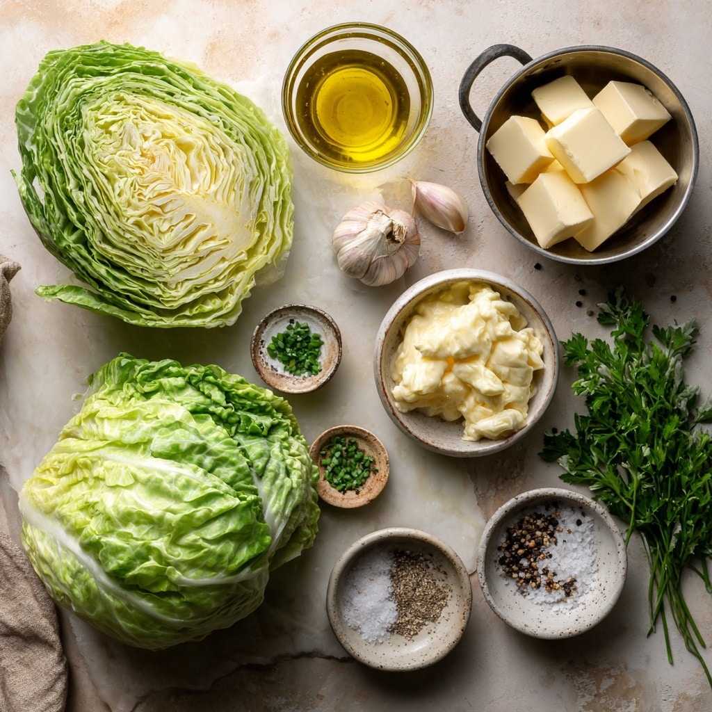 The image shows four wedges of grilled cabbage arranged in a row on a white plate, set on a white marbled surface. Each wedge has a lightly charred outer layer with dark brown edges, transitioning to bright green and pale yellow inner layers. The cabbages are topped with a creamy beige sauce, dotted with small pieces and sprinkled with finely chopped green herbs. The overall look is fresh with a mix of soft and crispy textures. photo taken with an iphone --ar 4:5 --v 7