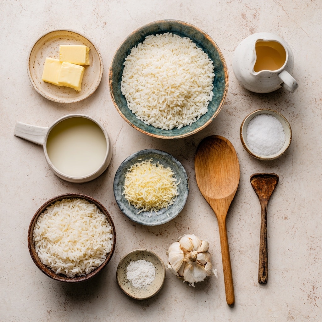 A white plate is full of a creamy, light yellow risotto topped with small bits of green parsley. The risotto is fluffy with soft, wet grains stacked in a small mound. A woman's hand holds the edge of the plate from the bottom right corner. The plate is set against a white marbled surface with a whole garlic bulb, a small wooden dish with salt and pepper, a beige towel with dark stripes, and a wooden spoon scattered nearby. Photo taken with an iphone --ar 4:5 --v 7