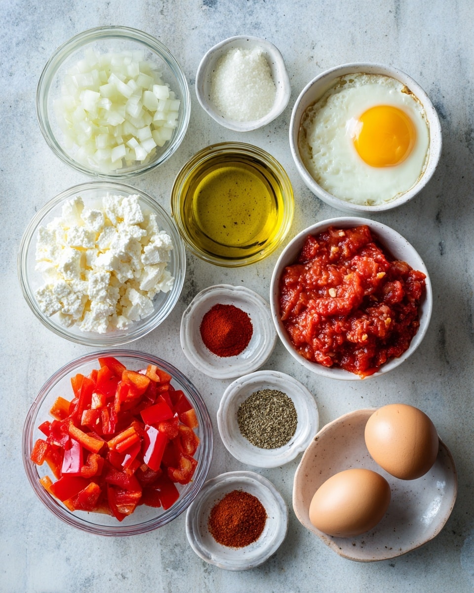 A black skillet holds a dish with four baked eggs visible on top, each partially covered by a thick red tomato sauce that fills the skillet, with small chunks of tomatoes and peppers mixed in. There are white cheese crumbles scattered over the sauce and eggs, and fresh green parsley leaves sprinkled evenly for garnish. The skillet rests on a wooden board placed on a white marbled surface. Near the skillet, there are two round golden brown breads with sesame seeds on top, slightly overlapping each other, and a bunch of fresh green parsley is placed next to them. A white plate with blue patterns and a golden fork is partly visible in the back right corner. photo taken with an iphone --ar 4:5 --v 7