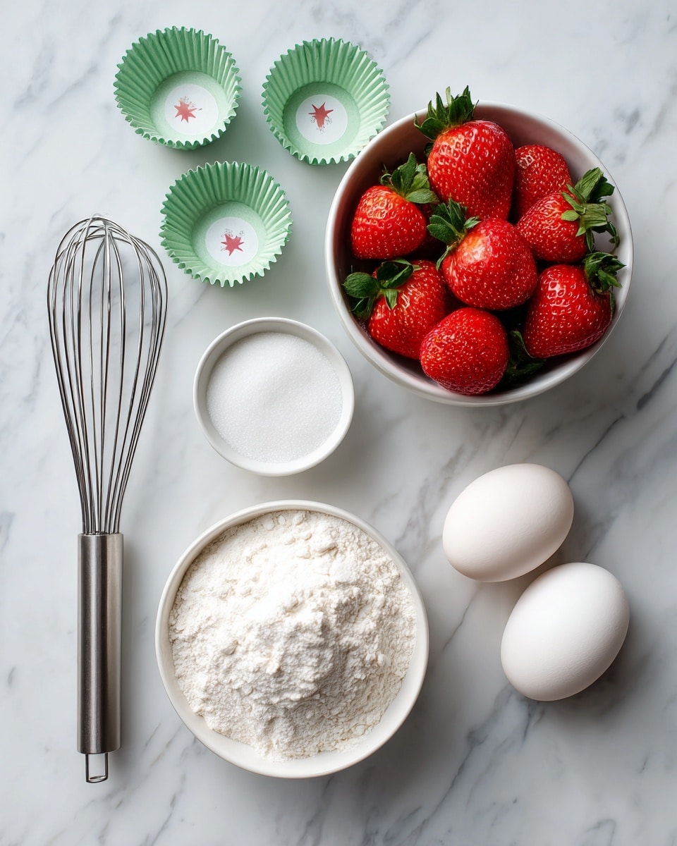 The image shows baking ingredients arranged neatly on a white marbled surface. On the right, there are two small white bowls stacked, the top one filled with white flour and the bottom one filled with bright red strawberries with green leaves. Next to the bowls, there are two white eggs and a small white dish filled with white sugar. To the left of these ingredients, there is a large metal whisk placed vertically. Scattered around are small green cupcake liners with white star patterns. The setup is clean and bright, giving a fresh and simple look. photo taken with an iphone --ar 4:5 --v 7