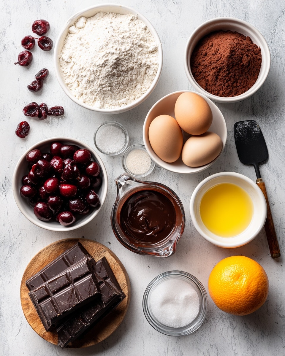 A single layer of thick, chocolatey batter with visible round dark cherries mixed inside sits spread evenly in a deep black pot. The batter has a smooth, creamy texture with swirls and small peaks, filling the pot about one-fifth full. The pot is set on a white marbled surface, and soft natural light highlights the rich brown and deep red colors of the batter and cherries. Photo taken with an iphone --ar 4:5 --v 7