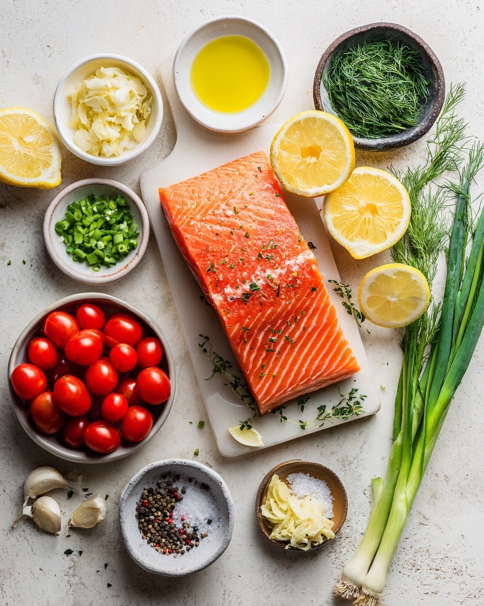 The image shows a white rectangular baking dish filled with four cooked salmon fillets. The salmon pieces are light pink with a slightly browned surface, topped with a green herb mixture and chopped green onions scattered evenly on top. Small whole red cherry tomatoes are placed around the salmon, adding bright red spots in the dish. The dish is placed on a white marbled surface, with a small white bowl of fresh green dill next to it on the top left. A beige and white checkered cloth is partially visible on the bottom right of the image. photo taken with an iphone --ar 4:5 --v 7