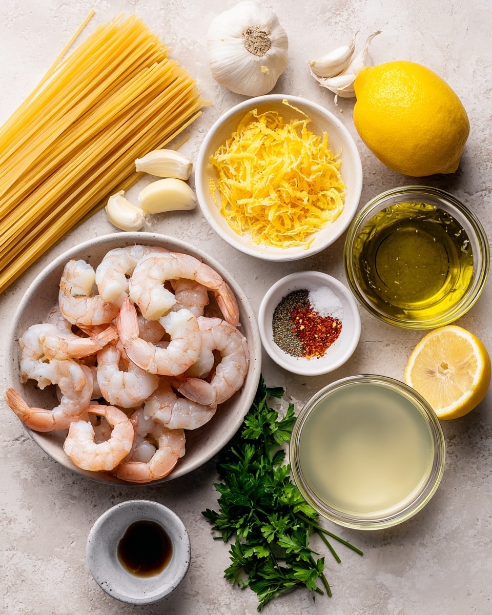 This image shows a big white pan filled with yellow spaghetti pasta mixed with cooked pink shrimp. The shrimp are scattered on top and throughout the pasta. Small green herb pieces are spread over the dish. There are tiny red chili flakes mixed in, adding small red spots. A wooden spoon rests on the right side of the pan, partly in the pasta. In the background, there's a small white bowl with pepper, and some green parsley is visible above the pan. The pan is placed on a white marbled surface with blue decorative patterns. Photo taken with an iphone --ar 4:5 --v 7