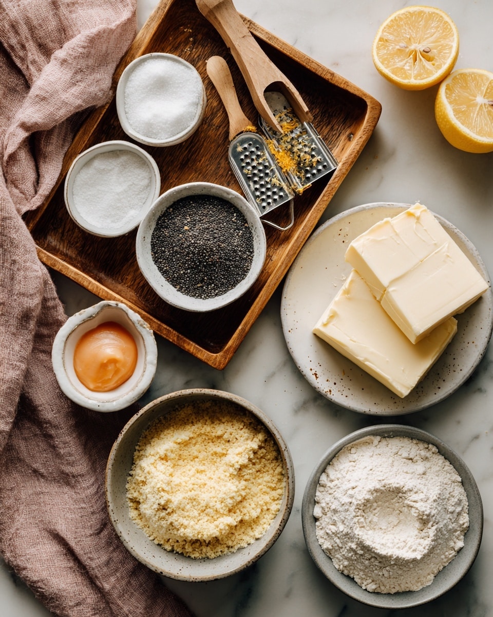 The image shows a white marbled surface with baking ingredients arranged thoughtfully. In the center is a wooden tray holding two small wooden measuring spoons with white powders (likely baking soda and salt) and a white bowl filled with small black poppy seeds. Below the tray are two small bowls, one with dark amber liquid and the other with a light peach-colored puree. To the right of the tray is a white plate with two rectangular blocks of cream-colored cream cheese. Above is a lemon half cut open showing bright yellow flesh next to a metal grater with yellow lemon zest on it. Surrounding these, there is a round beige bowl filled with golden ground almond flour and a gray bowl filled with white flour in the bottom part of the image. A pinkish-brown cloth is laid to the left side. The photo taken with an iphone --ar 4:5 --v 7