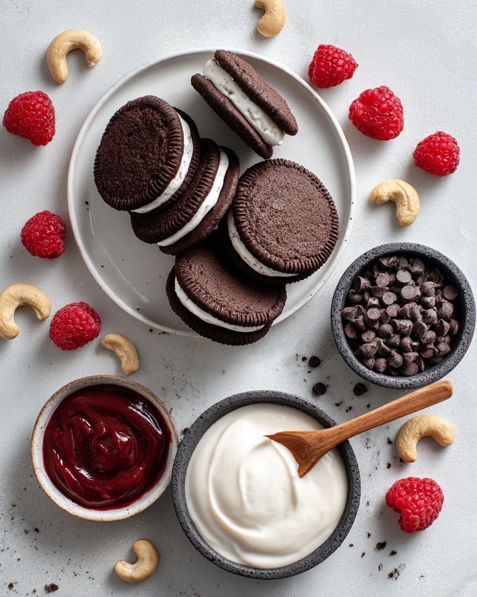 The image shows a flat lay of a dessert scene on a white marbled surface, featuring several dark brown sandwich cookies with white cream filling, arranged on a white plate, some whole raspberries scattered around. Nearby, a black stone-textured round plate holds three small bowls: one filled with dark chocolate chips, one with a thick red raspberry sauce, and one with a thin brown syrup. In front is a small bowl filled with smooth white cream, with a wooden spoon resting inside. A few cashew nuts are scattered around the bowls and plate, creating a simple, cozy dessert preparation setup. Photo taken with an iphone --ar 4:5 --v 7