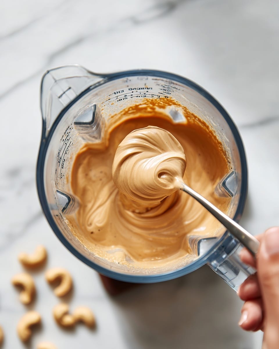 A close-up top view of a blender with light brown smooth creamy mixture inside, swirled gently by a spoon held by a woman's hand visible at the bottom right corner, the blender jar is clear with measurement marks, and a few cashew nuts are placed on a white marbled surface around the blender photo taken with an iphone --ar 4:5 --v 7