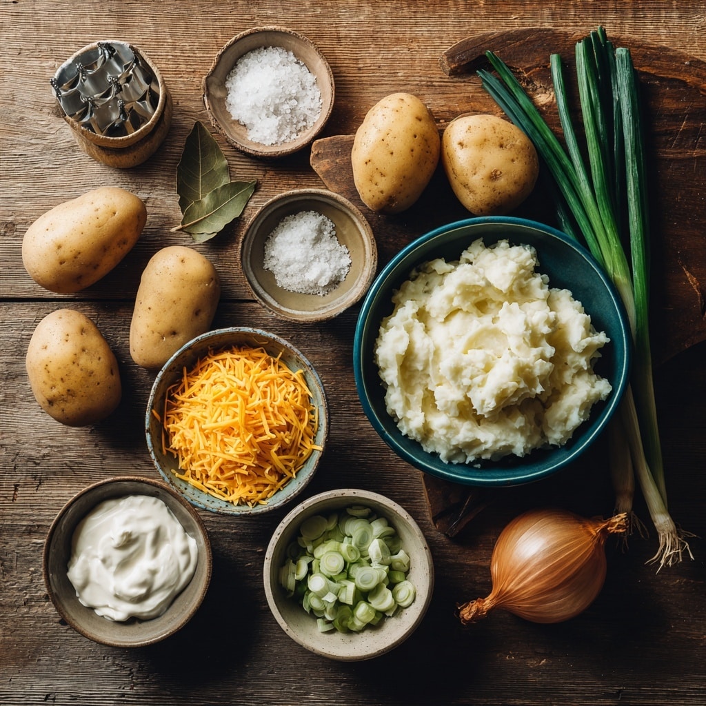 A white pot filled with clear yellowish water containing several large, cut pieces of light yellow potatoes submerged in the liquid. Two green bay leaves float on top. The pot is placed on a soft, white cloth with gray stripes, which rests on a white marbled surface. To the right side of the pot, fresh green onions and a small white bowl filled with shredded yellow cheese are partially visible. Photo taken with an iphone --ar 4:5 --v 7