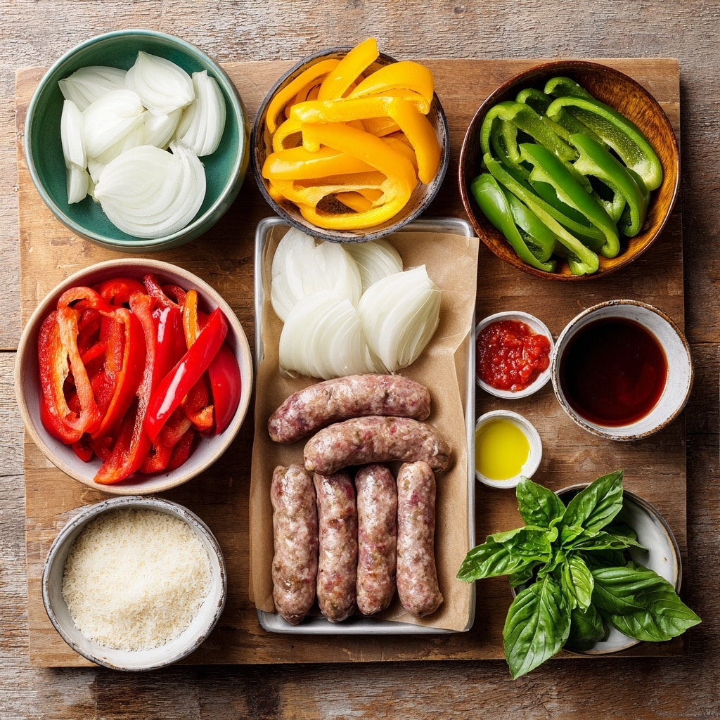 A baking sheet filled with sliced red, yellow, and orange bell peppers mixed with white onion rings, all spread evenly in a single layer. The vegetables are sprinkled with black pepper and other seasonings, creating small dark specks on the bright colors. Metal tongs rest on the right side of the tray, slightly lifting some onion rings. A white cloth with red stripes lies near the top right corner on a white marbled surface. Photo taken with an iphone --ar 4:5 --v 7