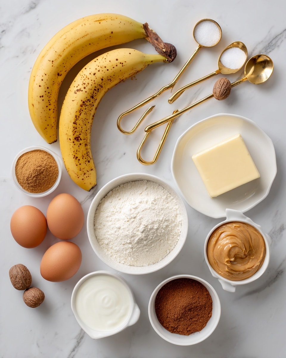 The image shows baking ingredients neatly arranged on a white marbled surface. On the left, there are three ripe yellow bananas, slightly spotted with brown. Above them, there are two whole nutmegs and three gold measuring spoons with white powder and dark liquid inside. To the right, a small white plate holds a square of pale yellow butter. Below it, a white bowl contains white flour with a gold spoon inside. Beside it, another white bowl is filled with smooth white yogurt. Below this is a white cup filled with light brown sugar, and next to it is a small white bowl holding brown cinnamon powder with a gold spoon. On the left side, a white measuring cup with smooth peanut butter and two brown eggs are placed. The colors range from pale creams to browns and yellows with golden spoons adding detail. photo taken with an iphone --ar 4:5 --v 7
