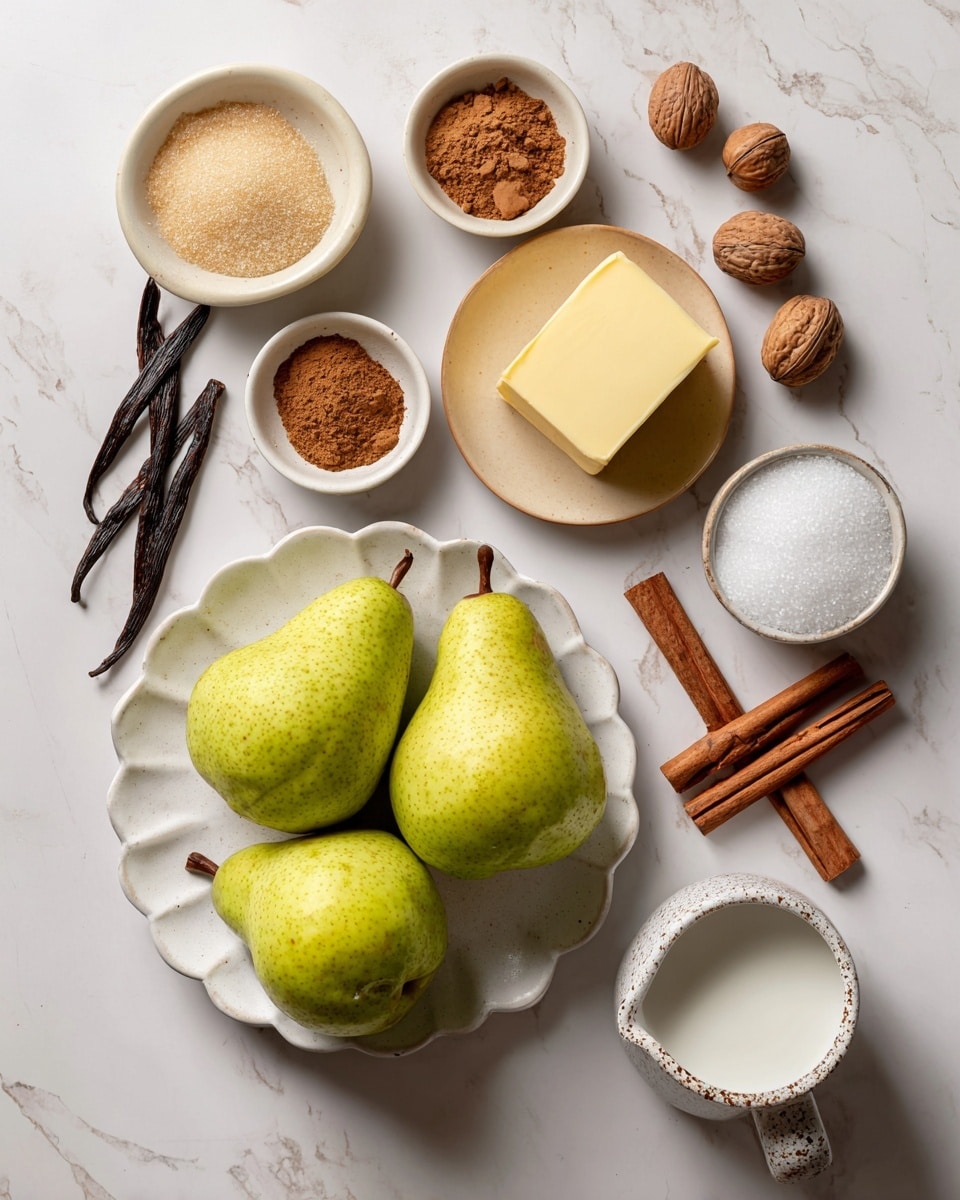 The image shows an overhead view of ingredients arranged neatly on a white marbled texture. At the bottom center, there is a white scalloped plate holding three green pears with smooth skin and attached stems. Above the pears, there is a round beige bowl with a square piece of yellow butter. To the left, a small white bowl is filled with light brown sugar, and next to it are two dark brown vanilla pods. Above the butter, a small white bowl contains four cinnamon-colored powders arranged in a circle. To the right of this, a small rustic white bowl holds coarse salt. Below, two whole nutmegs and two brown cinnamon sticks lie on the surface. To the far right, a speckled white cup is filled with milk, and below it, a small white measuring cup contains white granulated sugar. photo taken with an iphone --ar 4:5 --v 7