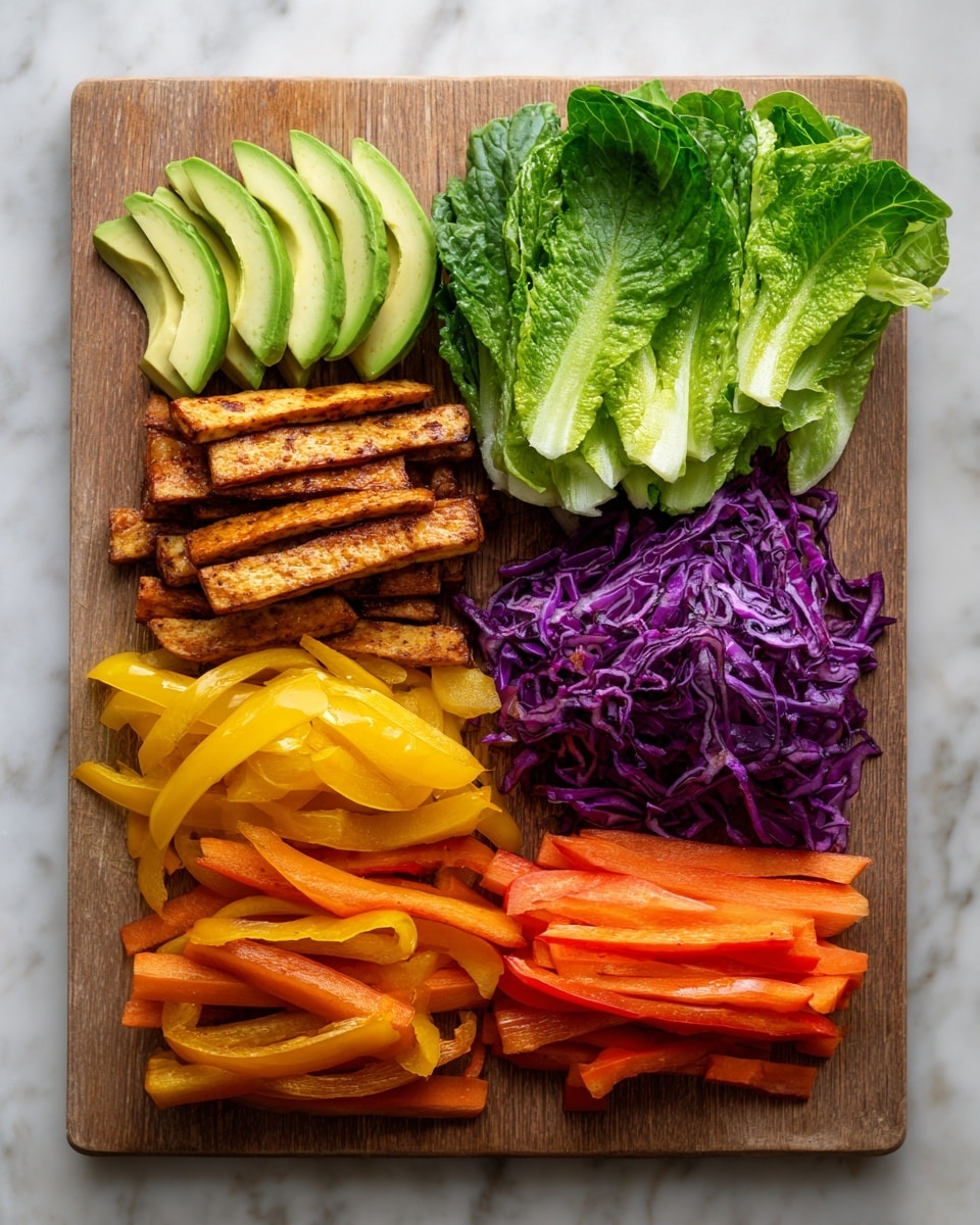 The image shows a wooden board on a white marbled surface with six groups of food items arranged clearly in separate sections. Starting from the top left, there are bright green avocado slices with soft, smooth texture. Next to the avocado on the right, there are fresh green romaine leaves, layered naturally with visible veins and crisp edges. Below the avocado, there are golden brown tofu sticks with a slightly charred, crispy outside. To the right of tofu, there is a pile of finely shredded purple cabbage, showing vibrant color and a rougher, leafy texture. Below the tofu, there is a pile of yellow bell pepper strips, thin and shiny with a fresh, firm look. Finally, below the cabbage, there is a stack of slender, bright orange carrot sticks that look fresh and firm. The overall presentation is bright and colorful. Photo taken with an iphone --ar 4:5 --v 7