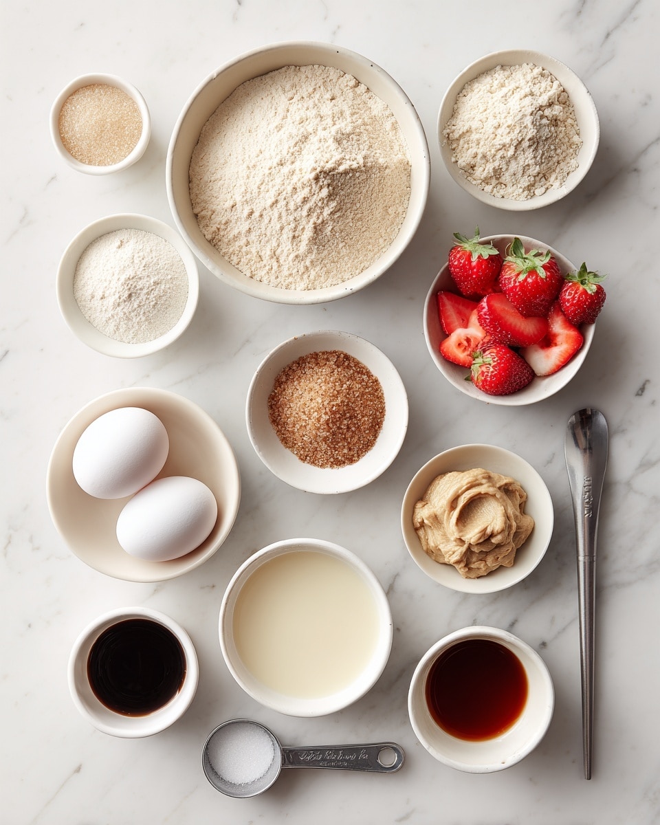 The image shows nine white bowls and a small spoon arranged on a white marbled surface. The largest bowl in the center is filled with a light beige powdered ingredient. Three white eggs are placed below this bowl in a row. To the right of the eggs, there is a medium bowl with brown granulated sugar. Above the sugar bowl is a small bowl with sliced fresh red strawberries. Next to it is another small bowl containing a speckled, chunky beige mixture. To the upper center-right is a small bowl with a smooth beige paste. On the upper left side, a bowl contains four piles of powder in white, off-white, and light brown shades. Below it is a tiny bowl with dark brown liquid. Below that is a medium-sized bowl with a creamy white liquid. A metal measuring spoon filled with a clear liquid is placed left of the creamy bowl. The arrangement is neat and the ingredients look ready for baking or cooking. Photo taken with an iphone --ar 4:5 --v 7