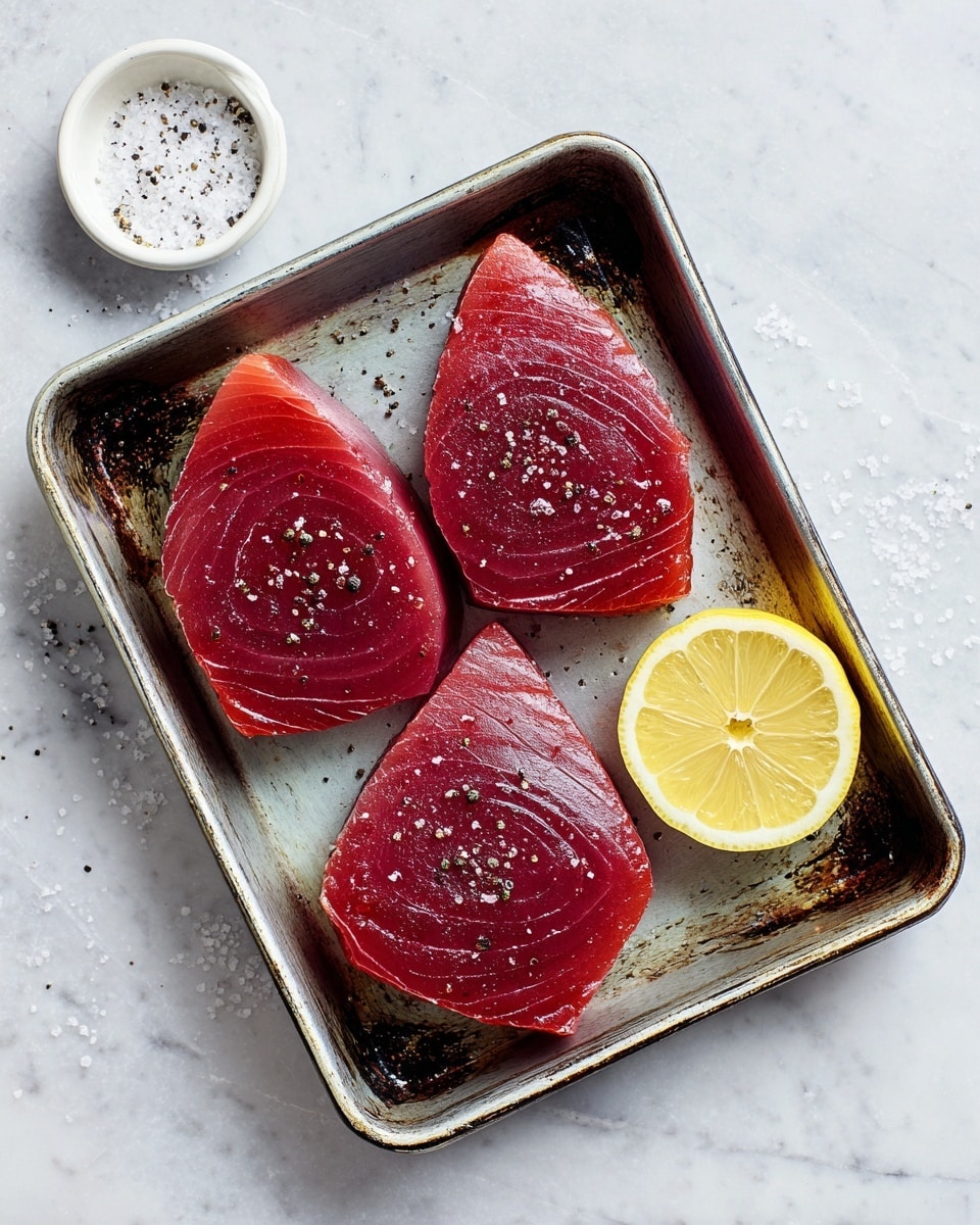 The image shows three thick raw tuna steaks placed inside a square metal baking pan with worn edges and some dark burnt marks in the corners. Each tuna steak is a deep red color with a shiny, slightly wet texture, sprinkled with black pepper and salt. To the upper right inside the pan, there is a halved lemon showing its pale yellow interior and seeds. The baking pan is set on a white marbled surface, and to the top left outside the pan, there is a small white dish filled with coarse salt. Photo taken with an iphone --ar 4:5 --v 7
