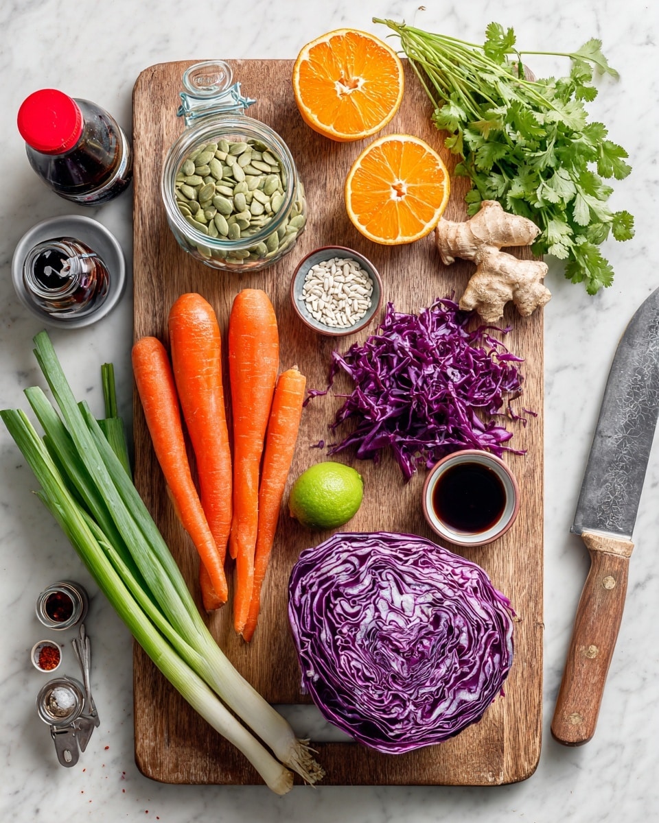 A wooden board is placed on a white marbled surface, holding several fresh ingredients: three bright orange carrots on the right, a halved vibrant orange next to them, a large chunk of purple cabbage with some shredded pieces beside it, a few long green onions angled across the bottom left, a small piece of ginger and a smaller piece of peeled ginger root near the orange and carrots, and a halved lime near the green onions. A glass jar filled with light green pumpkin seeds sits near the top center, with a small glass bowl containing white sesame seeds beside it. Around the board are a few small glass bowls with various spices, a clear measuring cup, a bottle of dark soy sauce with a red cap, a bottle of light-colored liquid, measuring spoons, a bunch of fresh green cilantro, and a large knife with a wooden handle on the right. photo taken with an iphone --ar 4:5 --v 7