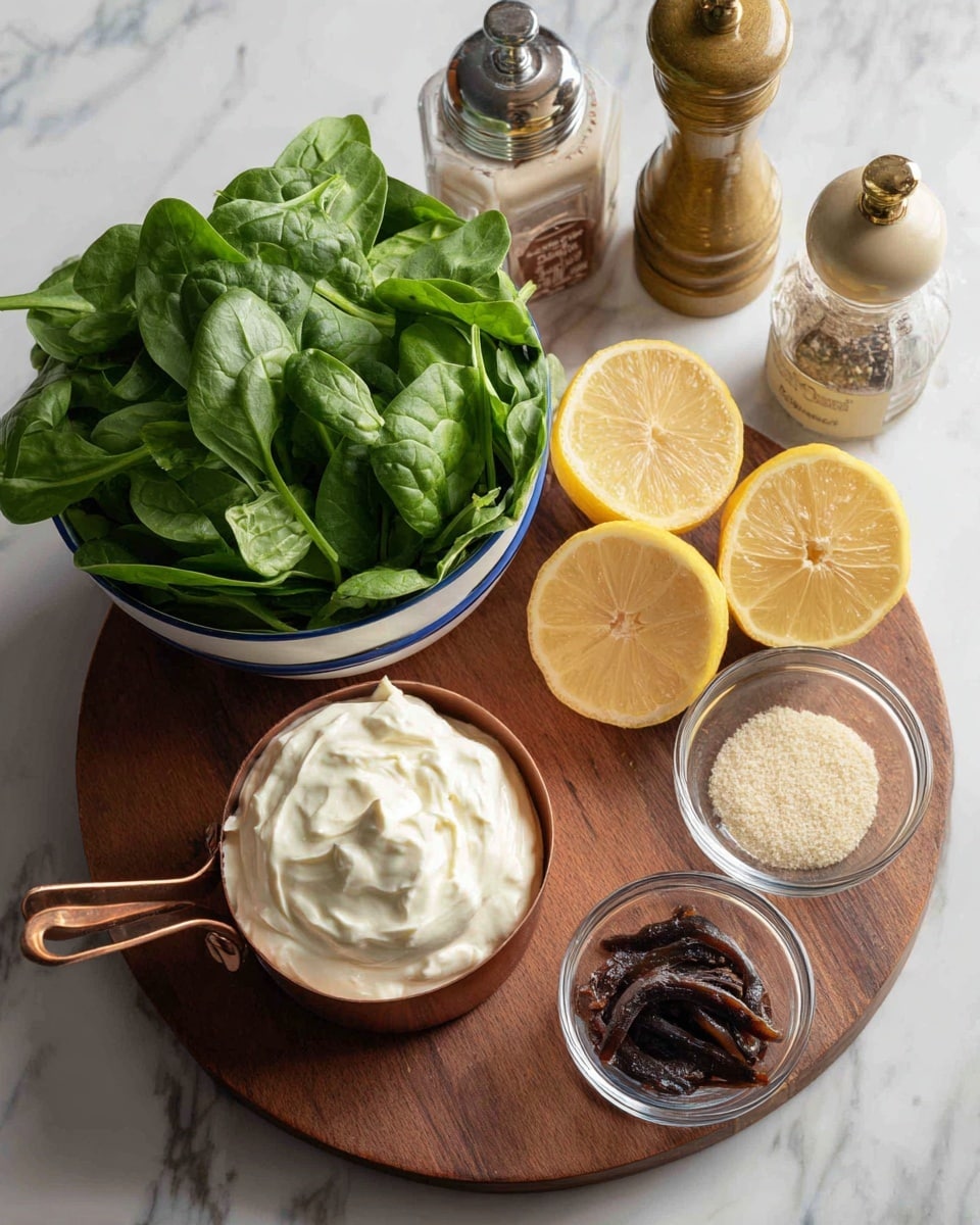 The image shows a wooden cutting board placed on a white marbled surface, holding two white bowls with blue rims filled with fresh green basil and spinach leaves. On the board, there are two lemon halves placed side by side, showing their bright yellow cut sides. In front of the lemons, a copper measuring cup filled with a thick white cream is positioned, next to a small clear glass bowl containing a few dark brown anchovy fillets. A small clear bowl of light beige powdery flakes is near the cream. In the background, a marble pepper grinder, a jar of Dijon mustard, and a bottle of seasoning are slightly out of focus. Photo taken with an iphone --ar 4:5 --v 7