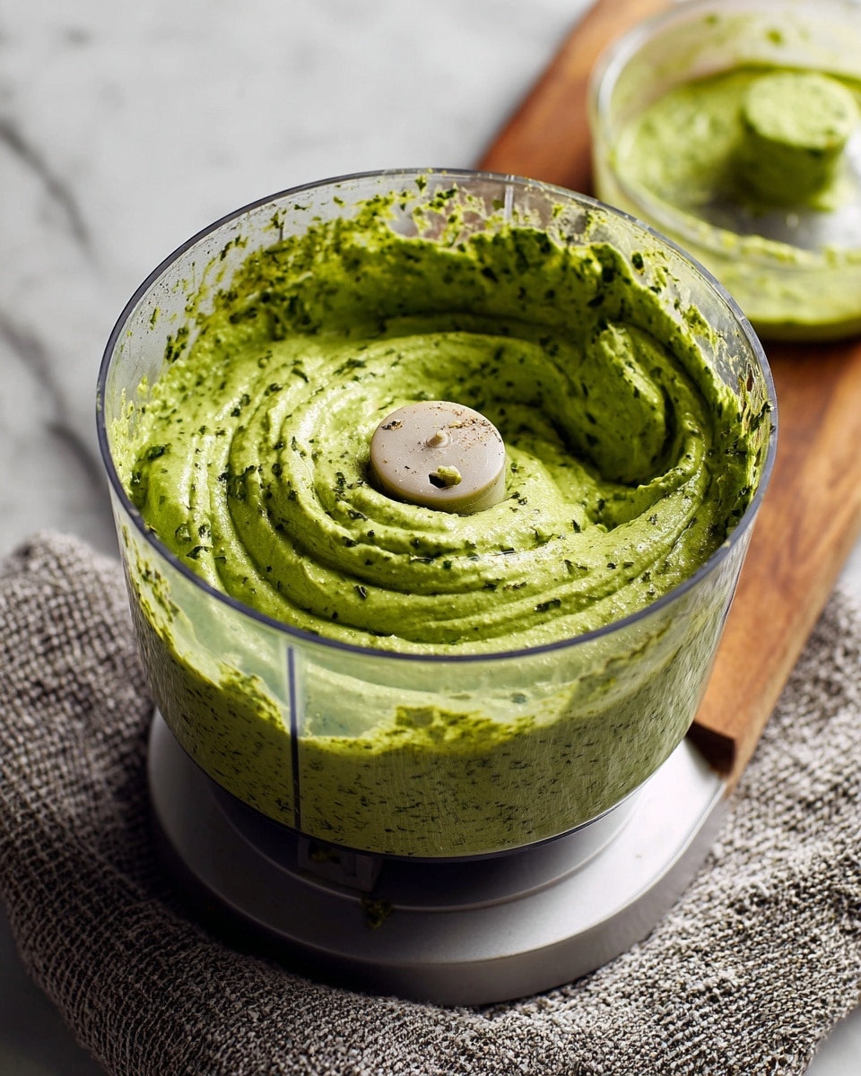 A clear glass jar filled with a smooth, light green sauce mixed with small dark green herb pieces is placed on a wooden board. The jar is open, with the glass lid set to the left side on the board. To the right of the jar, fresh dark green basil leaves rest on the wooden surface. A soft gray and white striped cloth is casually folded on the white marbled surface behind the wooden board. The background shows a blurred kitchen setting with white cabinets. Photo taken with an iphone --ar 4:5 --v 7