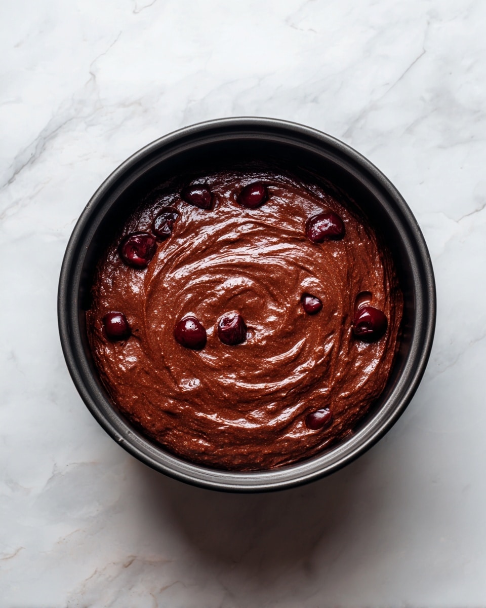 The image shows a deep black pot filled with a dark chocolate dessert that has two layers: a moist, shiny chocolate layer on the bottom and a slightly firmer chocolate cake layer on top sprinkled with light brown chocolate shavings. A portion of the dessert is scooped out, revealing the gooey chocolate inside. Next to the pot is a small white plate with a round serving of the dessert, topped with the shiny chocolate layer and sprinkled with shavings, and a silver spoon resting beside it. In the background, there is a small white bowl filled with bright red cherries with stems, placed on a white marbled surface with a folded blue and white striped cloth nearby. photo taken with an iphone --ar 4:5 --v 7