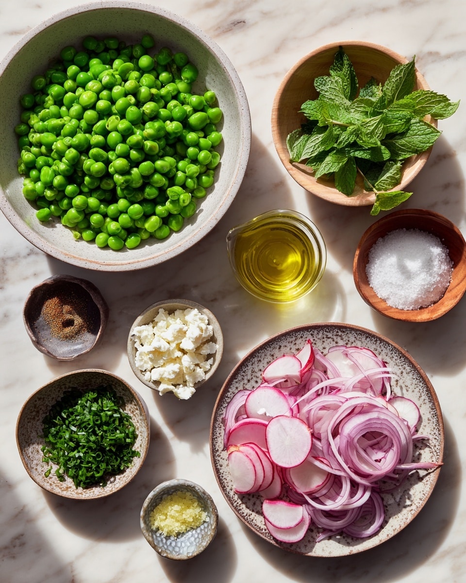 A large white plate with a floral design near the edges holds a fresh pea salad. The salad is mostly bright green peas spread all over, mixed with thin round slices of radish showing white centers and red edges. Small pieces of white cheese and green herbs are sprinkled throughout, adding texture and color contrast. Fresh mint leaves are scattered on top, giving bright green pops against the peas. A silver spoon is resting on the plate, slightly submerged in the salad, with some peas on it. The plate is placed on a white marbled surface. photo taken with an iphone --ar 4:5 --v 7