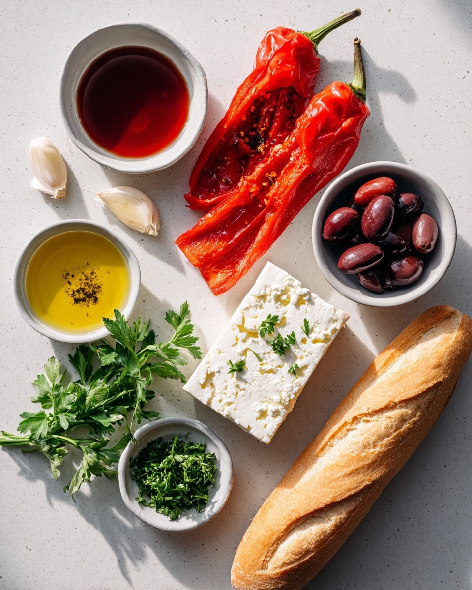 A white plate on a white marbled surface holds a thick, smooth orange spread with a swirl pattern in the center. A crescent-shaped layer of dark purple chopped olives, white crumbled cheese, and green chopped herbs drapes over the orange base on the left side. In the background, there are pieces of toasted bread with grill marks on a white plate and two small white bowls, one with finely chopped green herbs and the other with white crumbled cheese. Photo taken with an iphone --ar 4:5 --v 7