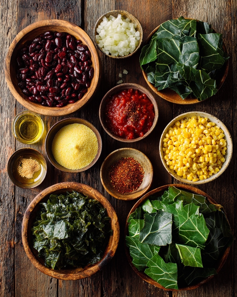 A white bowl filled with a steaming soup showing different layers of ingredients. The top layer includes large dark green leafy vegetables, surrounded by medium-sized light brown beans and bright yellow corn kernels all mixed in a reddish-brown broth with small bits of translucent, cooked onions visible. A silver spoon with a blue handle rests inside the soup on the right side of the bowl. Behind the bowl, there are two pieces of round, light brown flatbread stacked on a white marbled surface with blurred hints of a glass bottle on the left and a green glass on the top right corner. A white and gray striped cloth is partially seen on the bottom right. Photo taken with an iphone --ar 4:5 --v 7