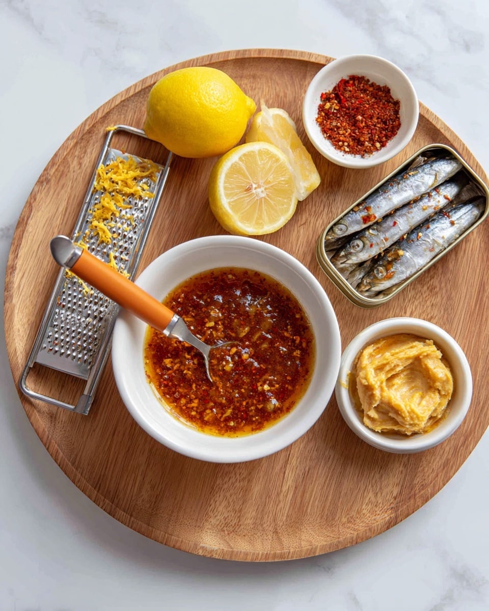 A white bowl in the center holds a reddish-brown oily sauce with visible spices and a silver fork with an orange handle resting inside. To the left of the bowl is a metal grater with some yellow zest on it, and above it, there are two yellow lemon halves and a small white bowl filled with red spice powder. To the right of the bowl, there is an open tin of small fish with silver skin, next to a small white bowl containing a creamy yellow paste with red flakes. All items are arranged on a round wooden board placed on a white marbled surface. photo taken with an iphone --ar 4:5 --v 7