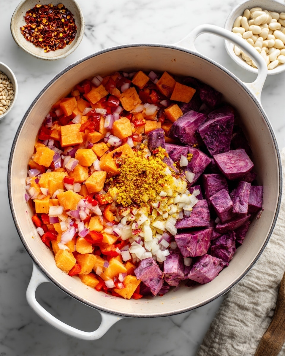 A white pot filled with a mix of chopped vegetables and spices. The bottom layer has small diced yellow onions and red bell peppers scattered evenly. On top of that are large chunks of purple sweet potatoes spread around the pot. In the center, there are small piles of ground yellow spices, minced garlic, and red chili flakes, creating a colorful contrast. The pot is set on a white marbled surface, with a small bowl of white beans and spices nearby. Photo taken with an iphone --ar 4:5 --v 7