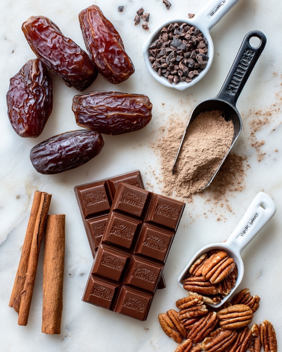 The image shows various ingredients laid out on a white marbled surface. At the top left, there are five wrinkled, dark reddish-brown dates grouped together. Below them and slightly to the left, a small white metal scoop filled with small, rough, dark brown cacao nibs is placed. To the right of the dates, a black metal scoop filled with fine, light brown cocoa powder is resting with some powder spilled around it. Near the center, two dark brown chocolate bars with visible square segments and the text