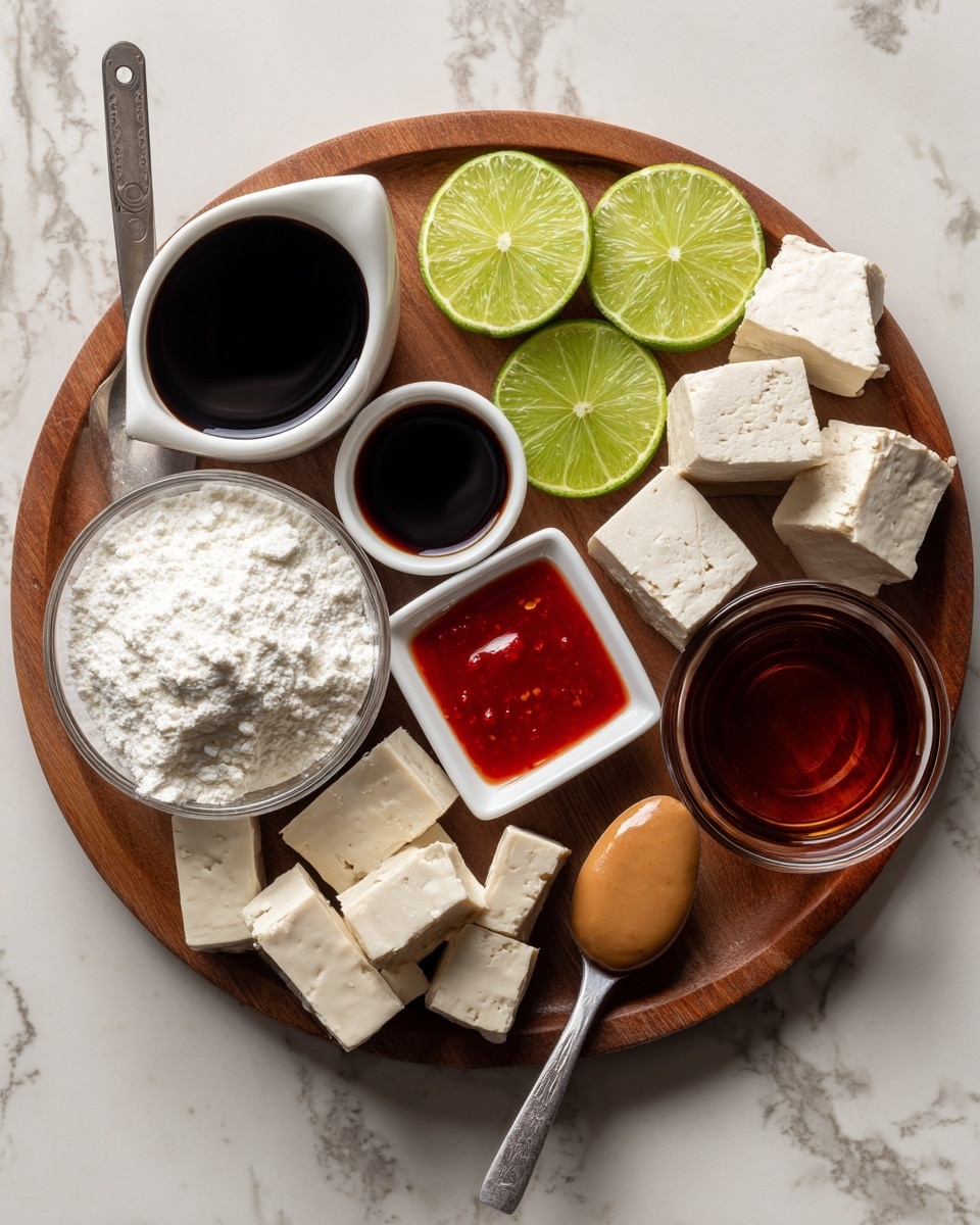A round wooden board with small white bowls and ingredients set on top, including white flour in a measuring cup on the left, dark soy sauce in a bowl at the top, a red chili sauce in a square white bowl near the center, two green lime halves placed side by side above the middle, a spoon holding a smooth, light brown peanut sauce on the right, a small glass bowl with a reddish liquid near the cubes, and light beige tofu cubes arranged on the bottom right of the board, all placed on a white marbled surface photo taken with an iphone --ar 4:5 --v 7