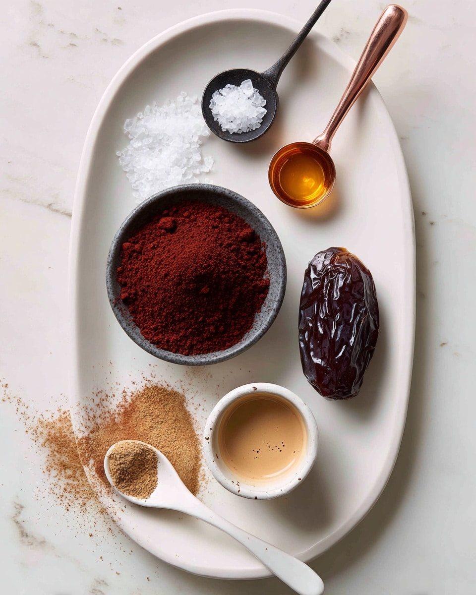 A white oval plate sits on a white marbled surface holding five items: in the center, a dark gray round bowl filled with rich red cocoa powder that has a soft, powdery texture; to the top left, a black spoon with coarse white salt crystals; to the top right, a copper measuring spoon filled with golden liquid syrup; below the syrup on the right, a glossy, dark brown dried date with a wrinkled surface; near the bottom right, a small round ceramic cup with light brown creamy liquid, some of which has spilled down the side; near the bottom left of the plate, a white spoon holding a small amount of light brown cinnamon powder with some spilled powder nearby. Around the plate on the white marbled surface are parts of other pottery with white granulated sugar visible. Photo taken with an iphone --ar 4:5 --v 7