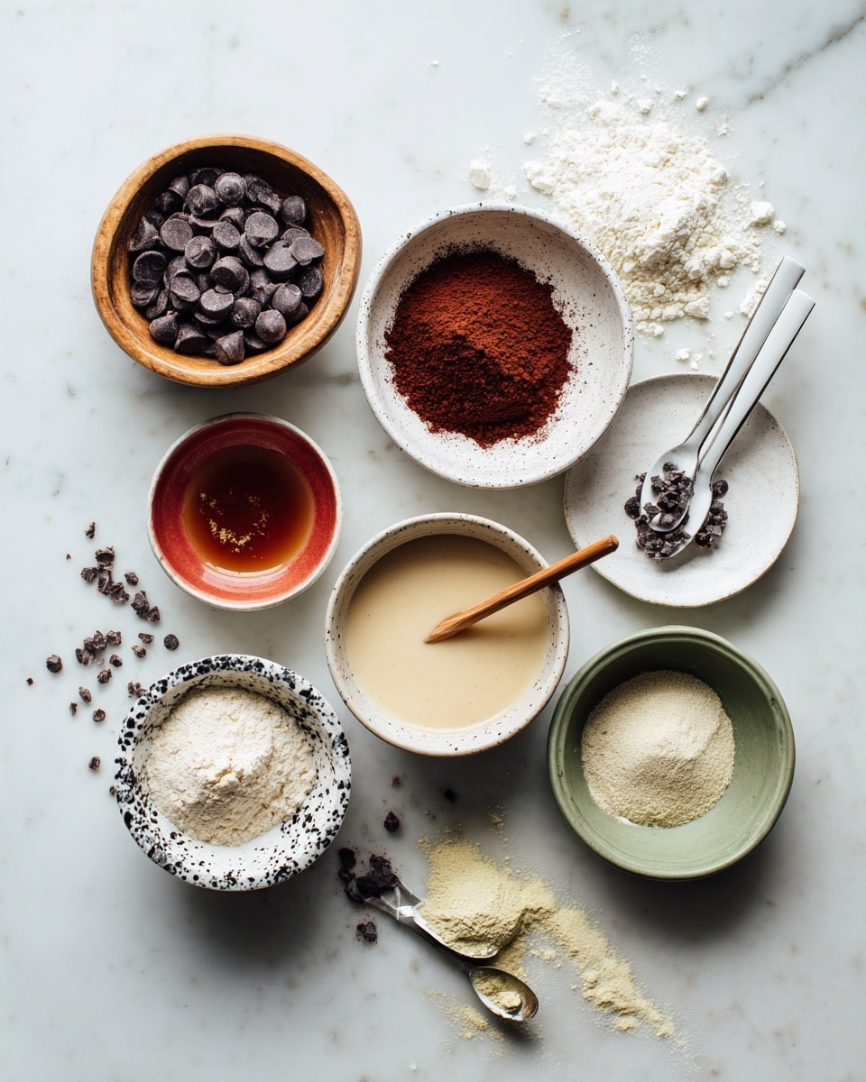 The image shows several small white bowls and a white plate on a white marbled surface, each holding different ingredients. At the top left, a wooden bowl is filled with dark chocolate chips. Below it to the left, a white bowl with black speckles contains a dark reddish-brown powder. Below that, a similar white bowl with black speckles holds a dark amber liquid with a hint of foam. In the middle, a small white bowl contains a creamy beige liquid with a wooden spoon resting inside, and some of the liquid spills over the edge. At the top right, a red bowl is filled with white powder. Next to it, a white plate holds two small black and white spoons with white powders. At the bottom right, a green bowl is filled with light beige granulated powder. The containers and ingredients are arranged neatly with some small chocolate chips scattered around. Photo taken with an iphone --ar 4:5 --v 7